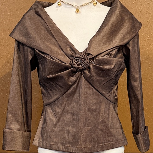 Samuel Dong Tops - Samuel Dong Bronze Taffeta Rosette Bow Blouse Architectural Collar